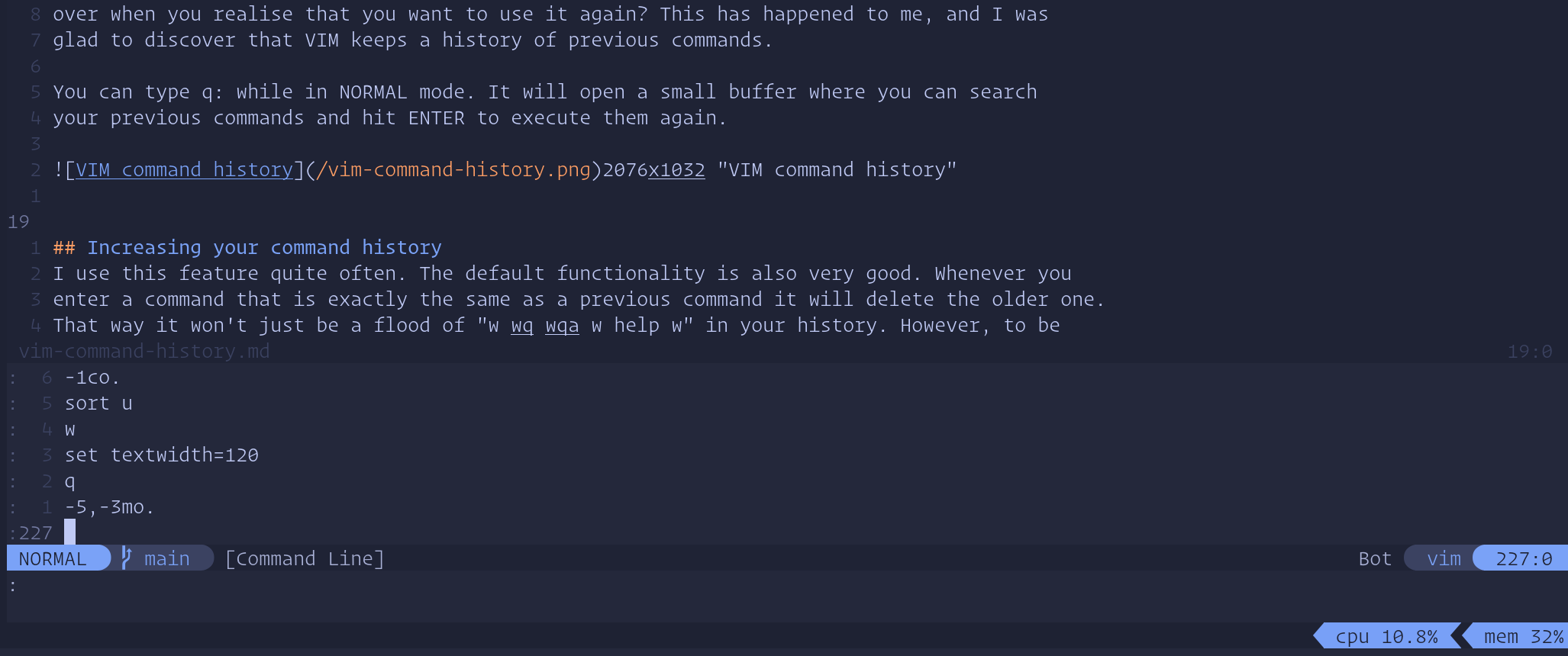 VIM command history